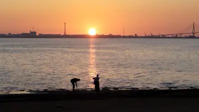 two people and a dog on the beach at sunset at Bahía Azul Suites, Piscina & Pádel in San Fernando
