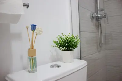 a bathroom with a toilet with flowers on top of it at Centro Villamarta Moderno in Jerez de la Frontera