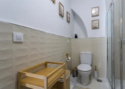 a small bathroom with a toilet and a shower at Alcazar Centrico Moderno in Jerez de la Frontera