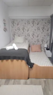 a bedroom with two beds and a wall at Apartamento Viñedos de Librado in Jerez de la Frontera