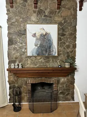 a painting of a bull on a stone fireplace at El Levante in Chiclana de la Frontera