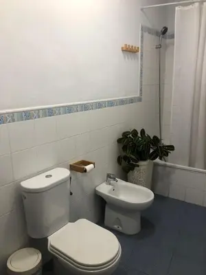 a white bathroom with a toilet and a sink at Apartamento San Bartolomé in El Puerto de Santa María