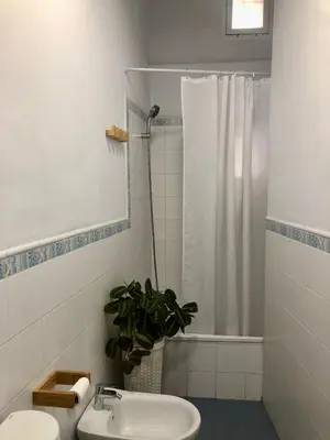 a bathroom with a toilet and a shower and a sink at Apartamento San Bartolomé in El Puerto de Santa María