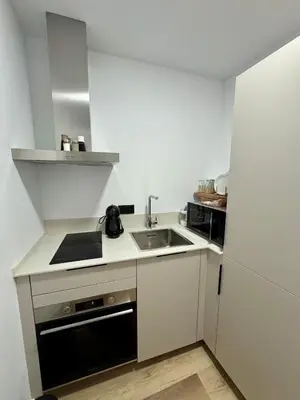 a small kitchen with a sink and a stove at Solera Suites in Jerez de la Frontera