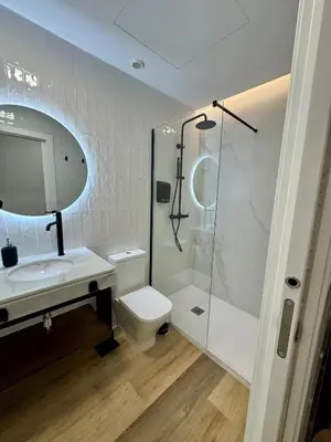 a bathroom with a shower and a toilet and a sink at Solera Suites in Jerez de la Frontera