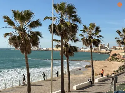 people walking on a beach with palm trees and the ocean at La Palmera Grupo AC Gestion in Cádiz