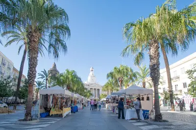 a street with palm trees and tents in front of a building at Soto Urban Apartment in Cádiz