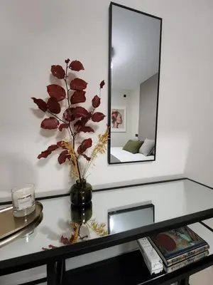 a vase with a plant on a table in front of a mirror at Luxe Apartamento Duque de Alta in Arcos de la Frontera