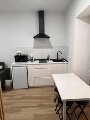 a small kitchen with a sink and a table at Apartamento catedral in Jerez de la Frontera