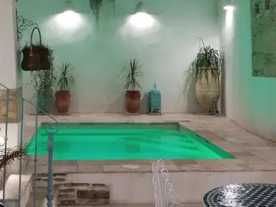 a swimming pool in a room with potted plants at casa la zarzamora in Jerez de la Frontera