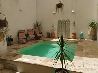 a pool with chairs and a potted plant in a room at casa la zarzamora in Jerez de la Frontera