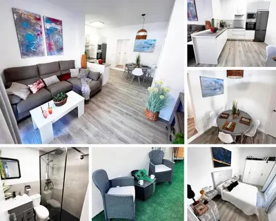 a collage of four pictures of a living room at Casa Moderna con Garaje en Rota, cerca de Playa in Rota