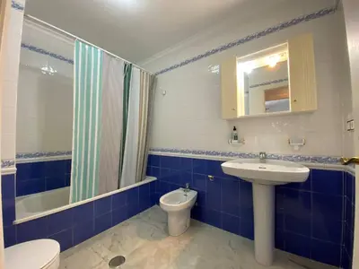 a blue and white bathroom with a sink and a toilet at Apartamento Calzada Centro, Calle Hermano Fermín in Sanlúcar de Barrameda