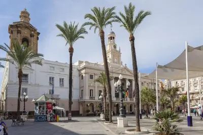 a group of palm trees in front of a building at Apartamento Miracadiz in Cádiz