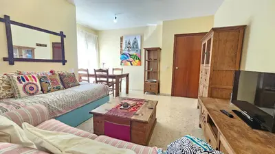a living room with a couch and a tv at Chocita del Botánico Pet Friendly by Sanlúcar Housing in Sanlúcar de Barrameda