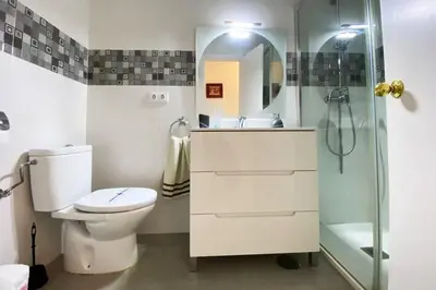 a bathroom with a toilet and a shower and a sink at Apartamento Parque Bolsa in Sanlúcar de Barrameda