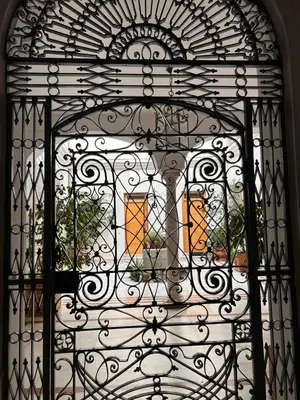 an iron gate with a window and plants at Estudio Casa Palacio 2Pax wifi gratis in Sanlúcar de Barrameda