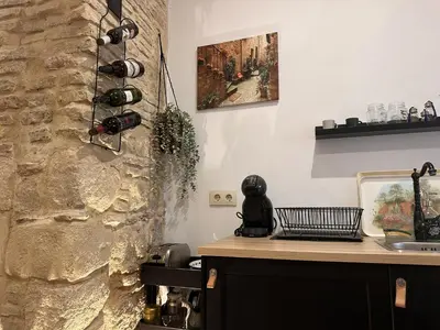a kitchen with a counter and a stone wall at Apartamento Santa Clara - Ole Solutions in Jerez de la Frontera