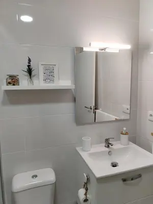 a bathroom with a toilet and a sink and a mirror at Patio & Sherry Apartamento in Jerez de la Frontera