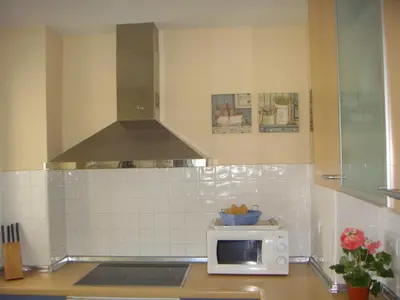 a kitchen with a stove and a microwave at Life Apartments Costa Ballena in Costa Ballena