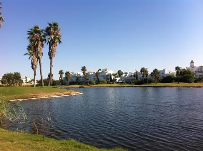 a lake with palm trees and buildings in the background at Life Apartments Costa Ballena in Costa Ballena