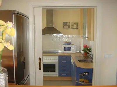 a kitchen with a sink and a microwave at Life Apartments Costa Ballena in Costa Ballena