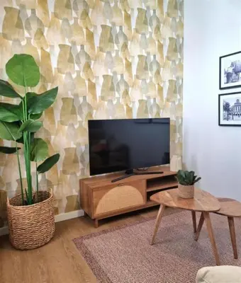 a living room with a flat screen tv on a wooden entertainment center at AGR Apartamento Villapanés in Jerez de la Frontera