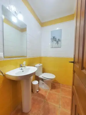 a bathroom with a sink and a toilet and a mirror at La Casita de Nora in Conil de la Frontera