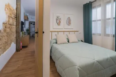 a bedroom with a bed and a door to a hallway at El Rincón de Pepa y Juan in Jerez de la Frontera