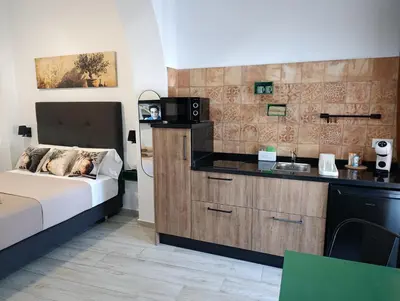 a bedroom with a bed and a sink and a microwave at Casa Sahar in Arcos de la Frontera