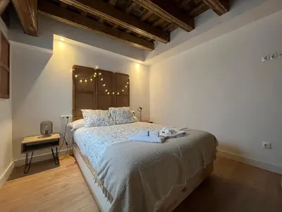 a bedroom with a large bed with a wooden headboard at Loft Abril Grupo AC gestion in Cádiz
