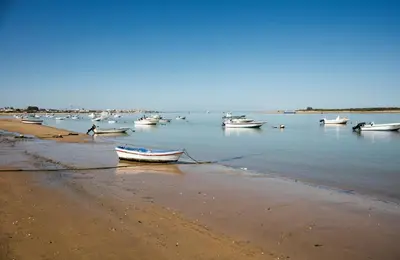 a group of boats in the water on a beach at Apartamento Brisa Salada Center in Sanlúcar de Barrameda