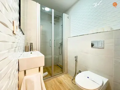 a bathroom with a shower and a toilet and a sink at La Suite de la Laguna Grupo AC Gestion in Cádiz