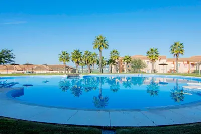 a large swimming pool with palm trees in the background at Casa Albatros, Apartamentos Living Sur in Sanlúcar de Barrameda