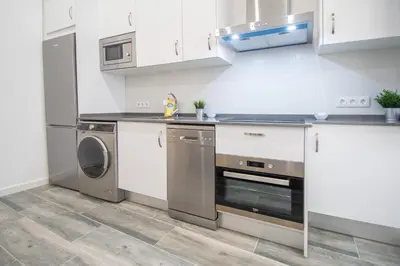 a kitchen with a stove and a dishwasher at Estudio Viñamar Cádiz in Cádiz
