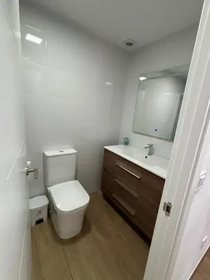 a bathroom with a toilet and a sink and a mirror at Cachucha Apartment in Puerto Real