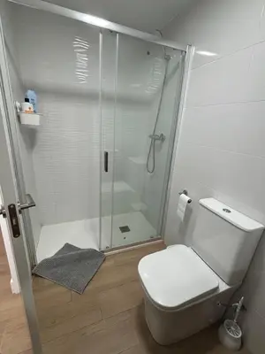 a white bathroom with a shower and a toilet at Cachucha Apartment in Puerto Real