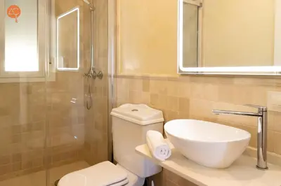 a bathroom with a toilet and a sink and a shower at Penthouse Plaza San Antonio Grupo AC Gestion in Cádiz
