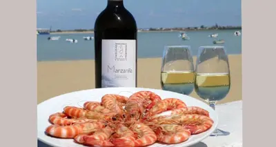 a plate of shrimp on a table next to a bottle of wine at Apartamento Al Sur del Sur in Sanlúcar de Barrameda