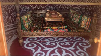 an overhead view of a room with a bed and a table at La via de la Yurta in Cádiz