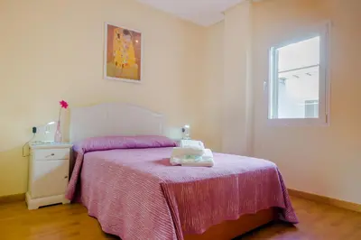 a bedroom with a bed with a pink bedspread and a window at Apartamentos Ribera del Puerto in El Puerto de Santa María