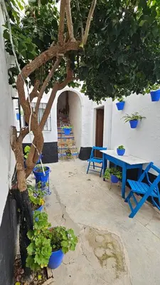 a blue table and chairs next to a tree at Casa de la Abuela Rosario in Sanlúcar de Barrameda