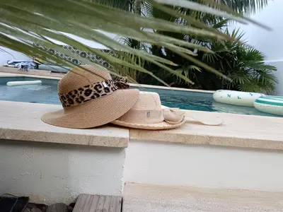 a straw hat sitting on a ledge next to a pool at Oasis de Bornos Maison Entière in Bornos
