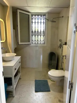 a bathroom with a sink and a toilet and a window at Casa singular completamente reformada in El Puerto de Santa María