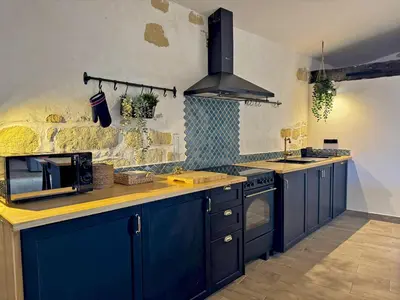 a kitchen with blue cabinets and a stove top oven at La Bodeguita - Ole Solutions in Jerez de la Frontera