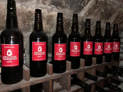 a row of bottles of wine on a shelf at Casa Palacio Jerezana in Jerez de la Frontera
