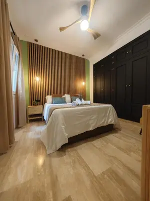 a bedroom with a bed and a ceiling fan at Le Charme Little Apartments in Cádiz