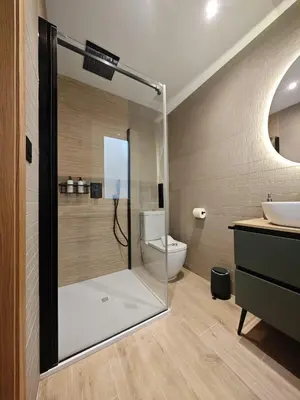 a bathroom with a shower with a toilet and a sink at Le Charme Little Apartments in Cádiz