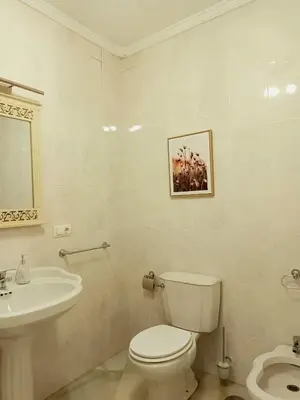 a white bathroom with a toilet and a sink at Casa de los Patios in Sanlúcar de Barrameda
