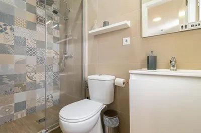 a bathroom with a toilet and a sink and a shower at Apartamento Santa Clara 3 in Jerez de la Frontera
